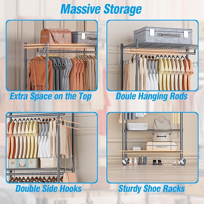 Homdox Garment Rack Heavy Duty, 3 Tier Rolling Clothing Racks - Image 8