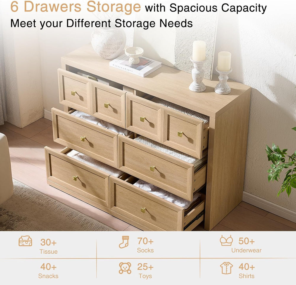 6 Drawers Dresser for Bedroom-46.5" Wide Wooden Chest of Drawers with La...