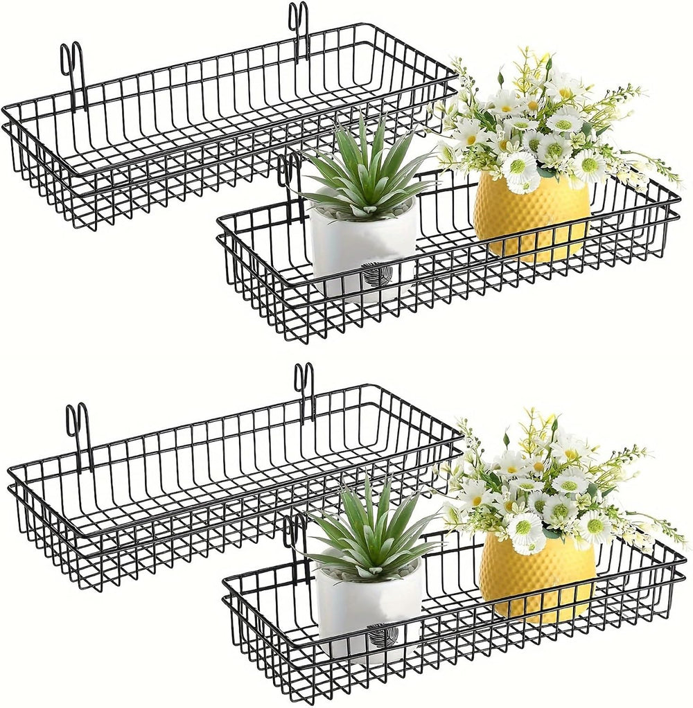 4 Pack Metal Grid Wall Baskets with Hooks, 15.75 x 6 x 2.36 Inch