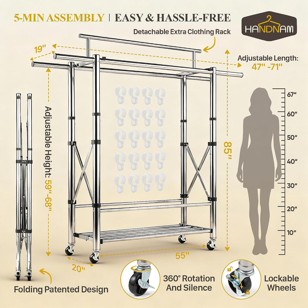 Foldable Heavy Duty Clothes Rack for Hanging Clothes, 71 Inch 3-Rods