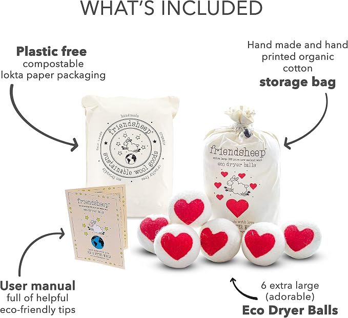 Friendsheep Wool Dryer Balls Red Heart 6 Pack XL Organic Premium Reusable - Image 4