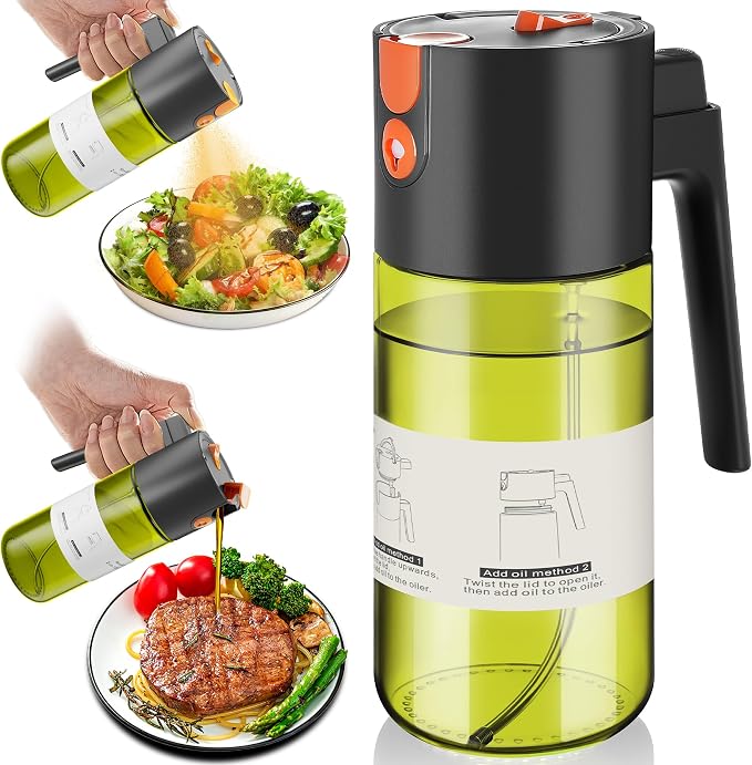 Upgrade 2 in 1 Oil Sprayer for Cooking, 17oz Light-Blocking Glass Olive Oil by OURCABECUE