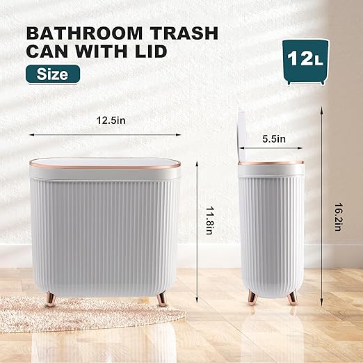 Bathroom Trash Can with Lid 3.2 Gallon Narrow Trash Can Small Plastic Trash Bin - Image 2