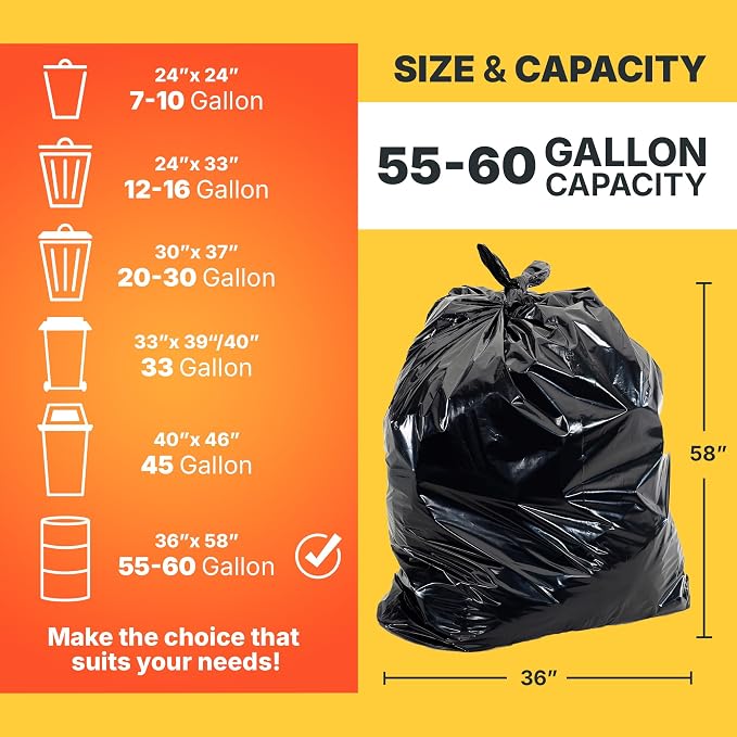 55-60 Gallon Trash Bags, 50 Micron Heavy Duty Pure LDPE Garbage Can Liners - Image 2