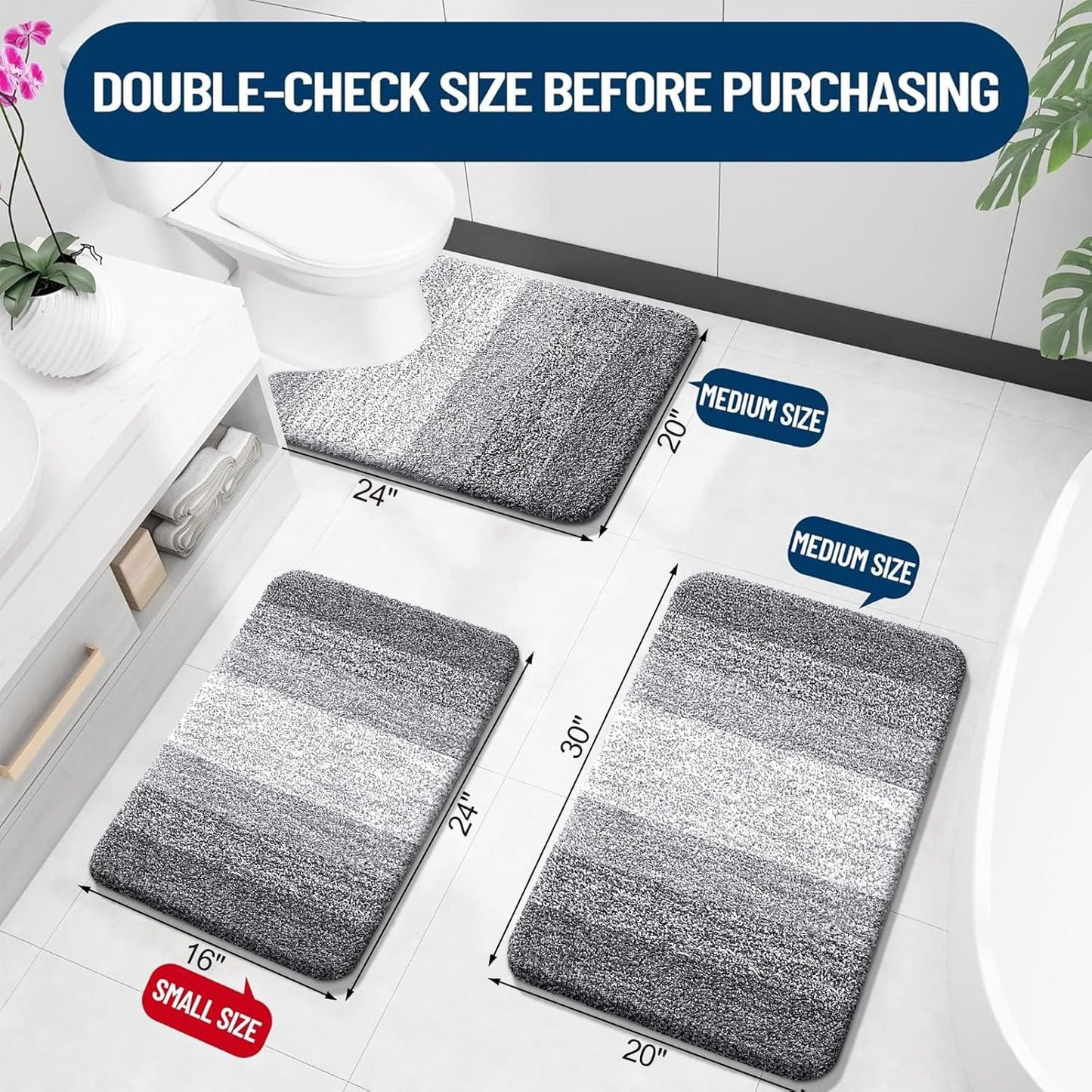 OLANLY Bathroom Rugs Sets 3 Piece, Soft Absorbent Microfiber Bath Mats and U-Shaped Contour Toilet Rug, Machine Wash Dry, Plush Shaggy Bath Mat Set for Bathroom (30"x20"+24"x16"+24"x20", Grey)