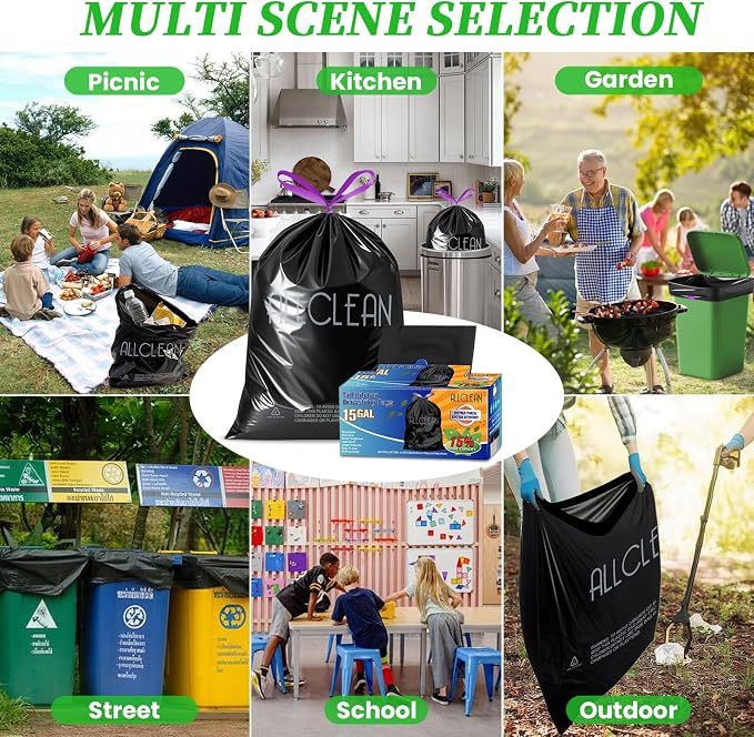 Trash Bags 15 Gallon Tall Kitchen Drawstring Garbage Bags, Fit 13-15 Gal Bins - Image 9