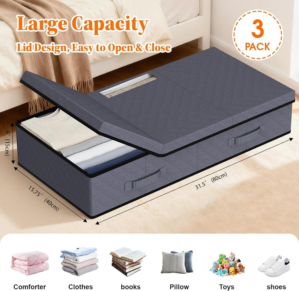 StoreHappily Under Bed Storage Containers with Lids, 3 Pack Foldable Grey