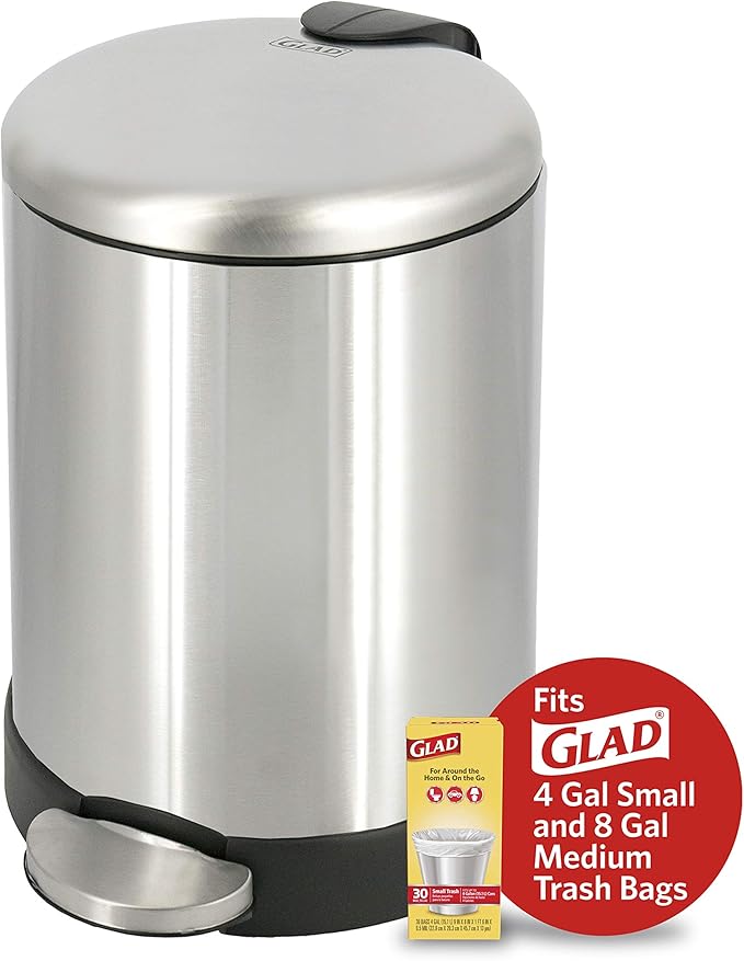 GLAD Small Trash Can, 1.2 Gallon | Round Stainless Steel Garbage Bin - Image 7