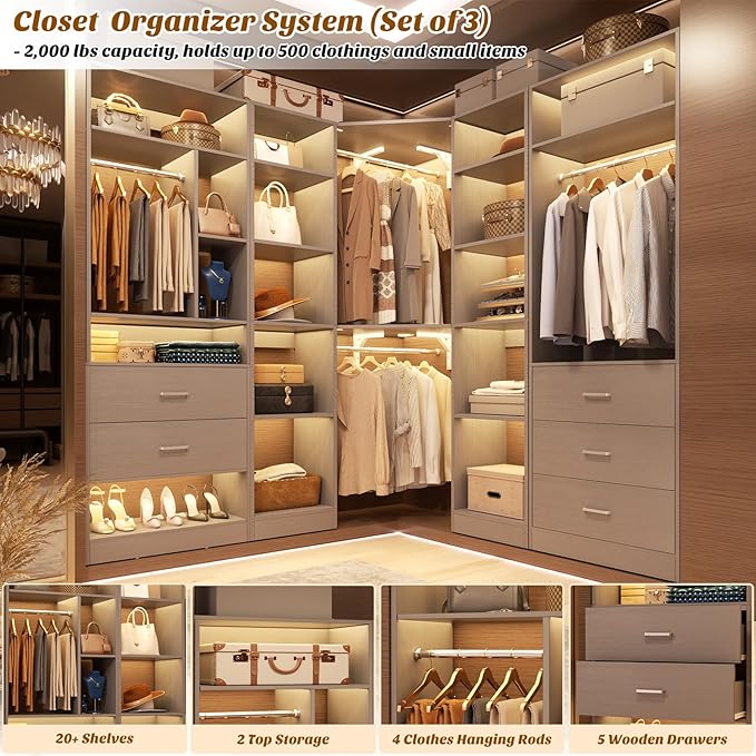Corner Closet System with 5 Drawers, Closet Organizer System with 15+Shelvess & - Image 4