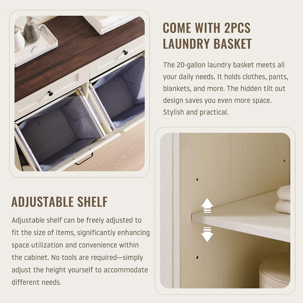 IFBUY Triple Tilt Out Laundry Hamper Cabinet, Trash Cabinet, Antique White