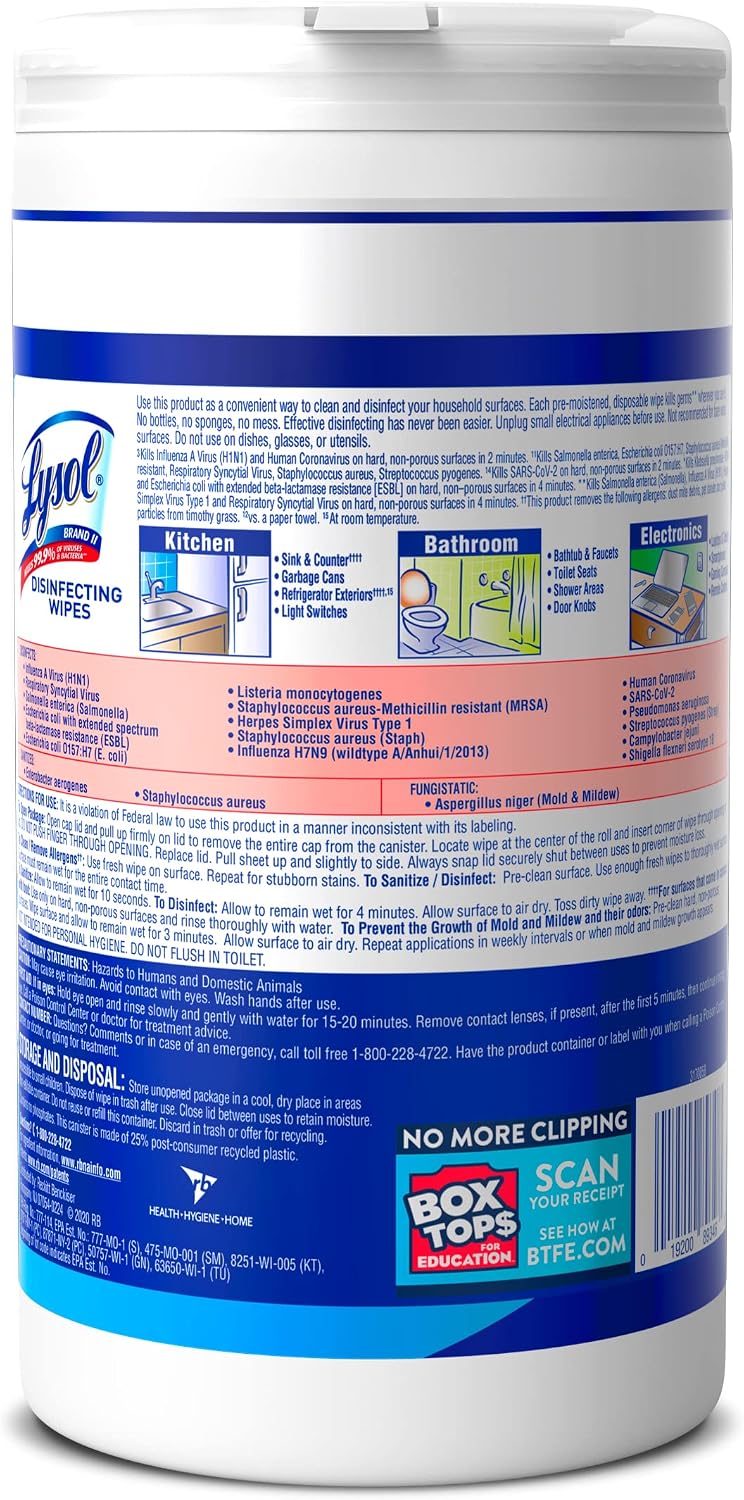 Lysol Disinfecting Wipes, Multi-Surface Cleaner, Crisp Linen, 80 ct. | All Purpose Cleaner, Sanitizing, Deodorizing, Apartment Essentials, Back To School Cleaning Supplies, Kitchen & Bathroom Wipe