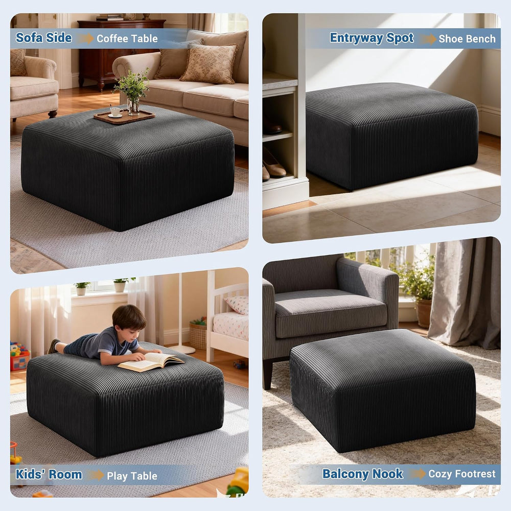 40" Oversized Square Corduroy Ottoman, Large Ottoman Pouf Footstool, Black