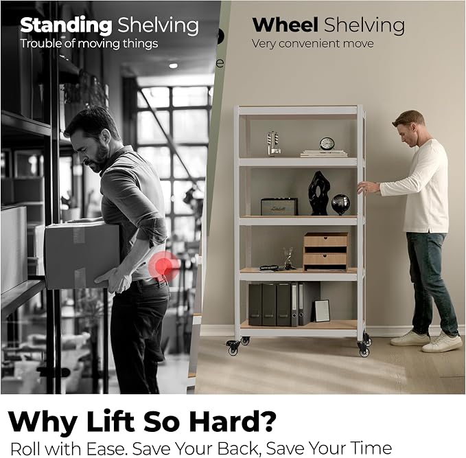 HOMEDANT House White 5-Tier Metal Rolling Cart Shelf Rack Casters Heavy Duty - Image 3
