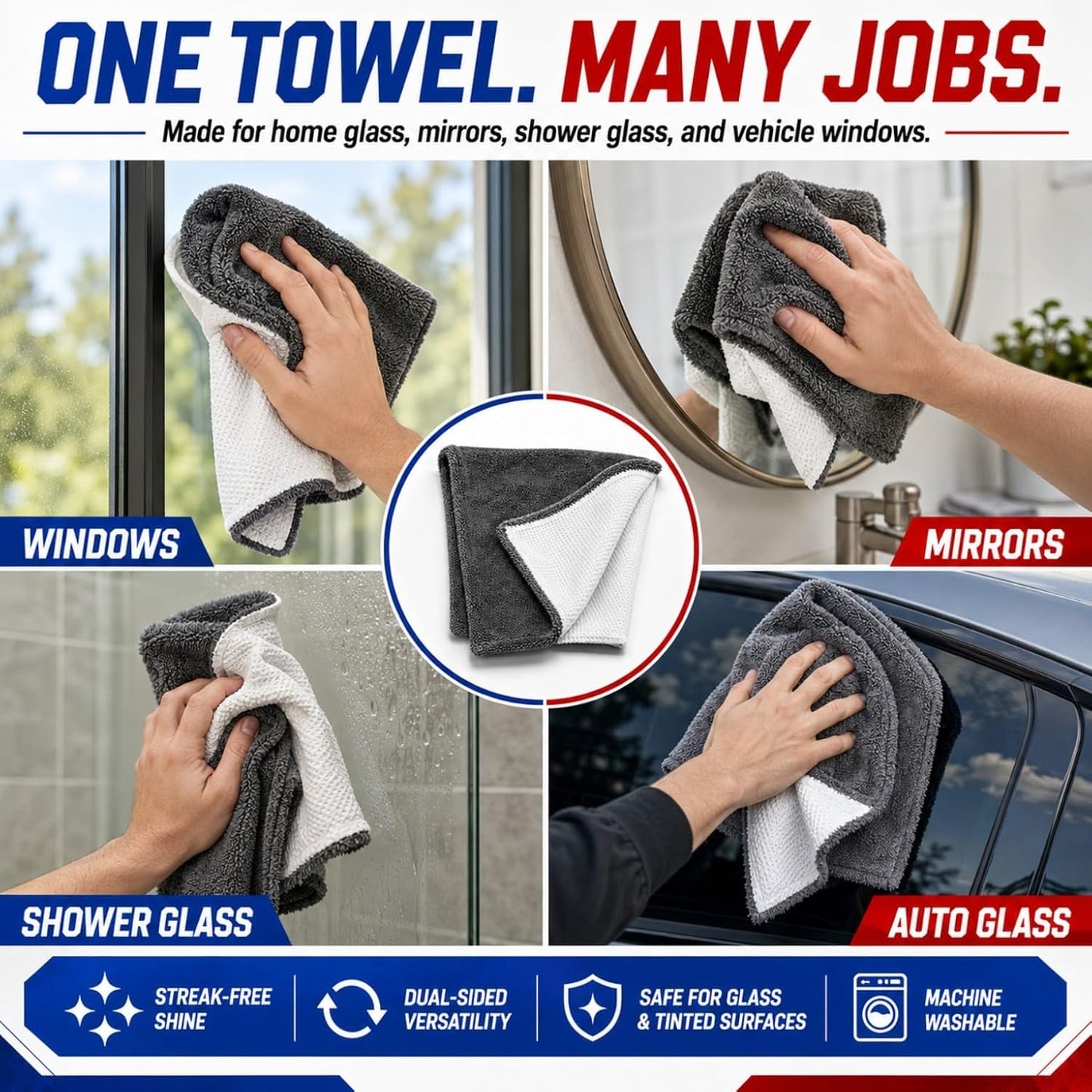 Hybrid Glass Microfiber Towel – Waffle Weave & Plush Dual Action Cleaning Cloth – Streak-Free Window and Surface Drying Towel – Professional Grade –16x16-1000 GSM 1-Pack | Hybrid Glass Microfiber Towel Waffle Weave & Plush Dual Action Cleaning Cloth