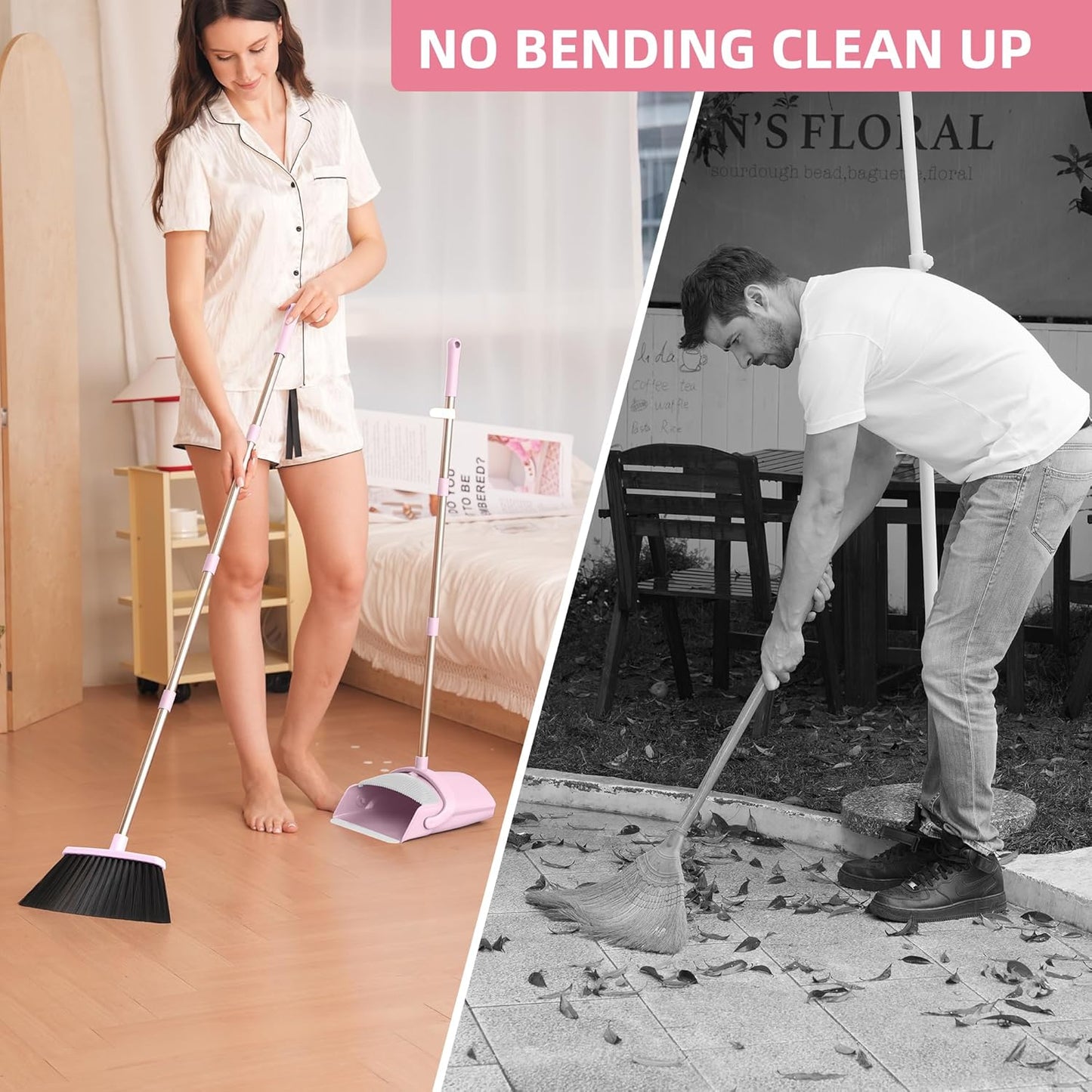 BSKLIN Broom and Dustpan Set for Home, 52” Long Handle Broom with Dustpan Combo Set with Dust Pan Teeth to Clean Hair Sweeping Set for Kitchen Hardwood Floors Pet Hair (Pink)
