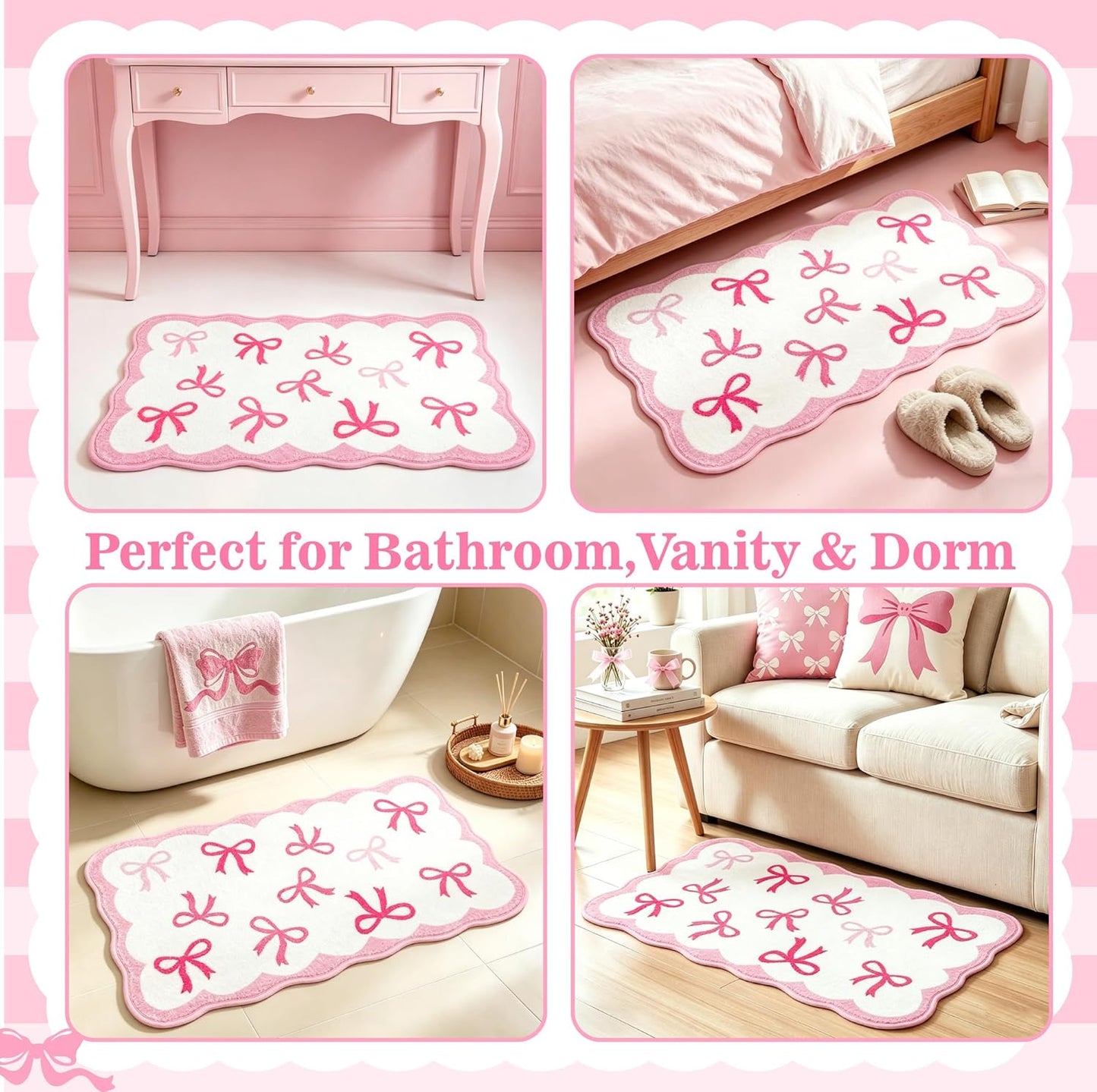 Haiddle Pink Bows Rugs Bow Mat for Bathroom Decor Scalloped Bow Rug for Girls Women Bedroom Non Slip Soft Absorbent Bath Mats Washable Coquette Mats for Bathtub Shower Floor Decoration 16.9" x 29.9"