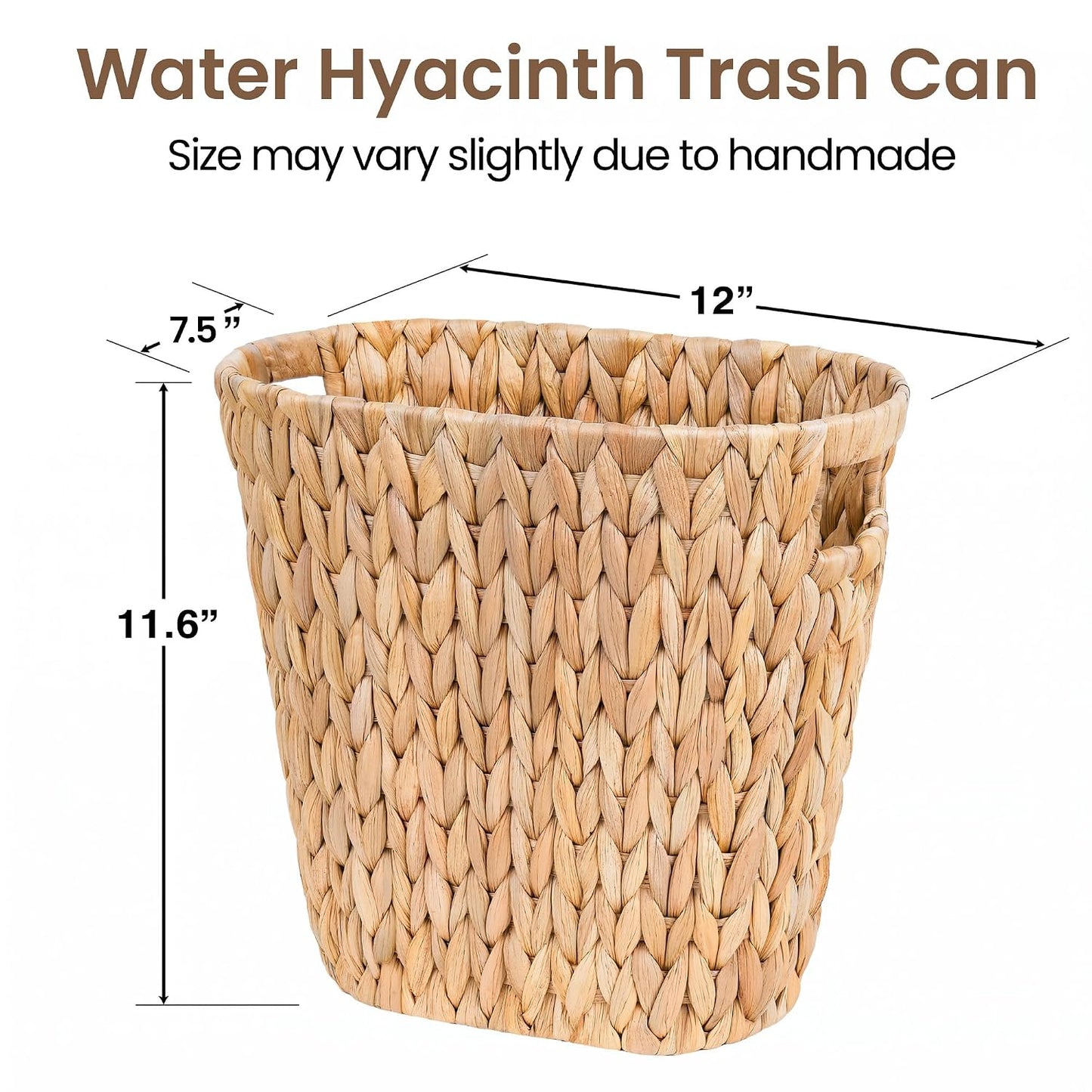 iEGrow 2 Pack Wicker Trash Can, Wicker Waste Basket for Bathroom, Woven Water Hyacinth Wicker Boho Garbage Can Built-in Handles for Bedroom, Office, Decor Home, Kitchen, Living Room (Oval)