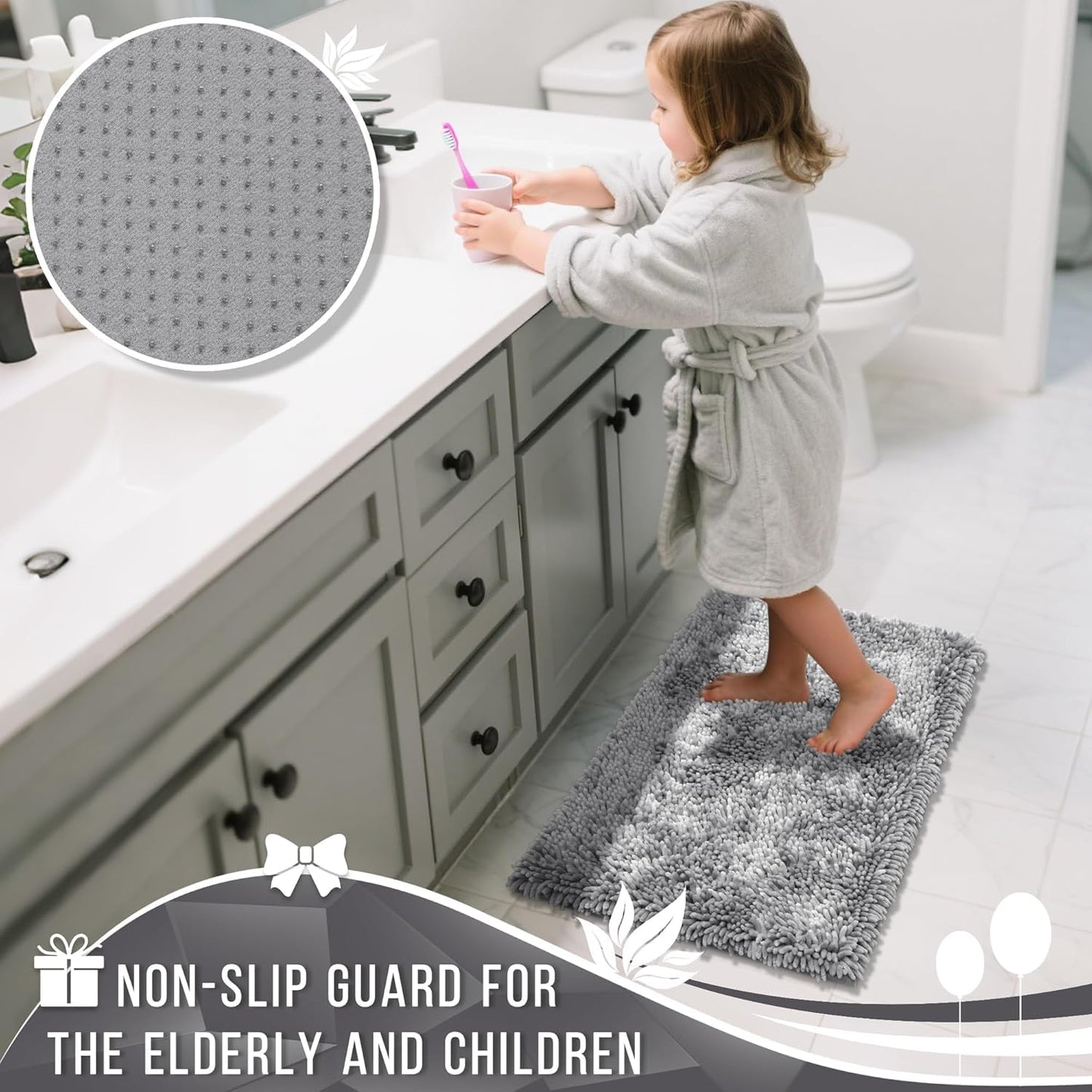 Yimobra Chenille Bathroom Rugs Non Slip, Extra Thick Soft Absorbent Bath Rug, Machine Washable Quick Dry Bath Mat for Bathroom Floor, Tub and Shower, Home Decor Accessories, 24x17, Light Grey