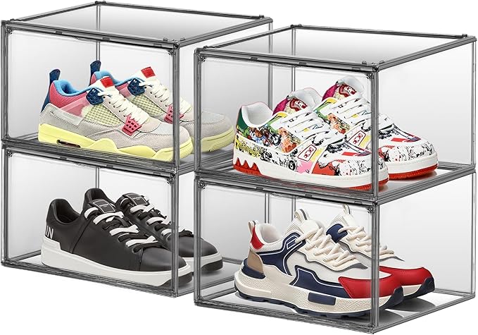 4 Pack Grey Shoe Storage Boxes Clear Plastic Stackable Shoe Display Case by EDSFAM