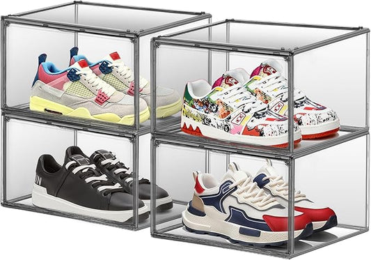 4 Pack Grey Shoe Storage Boxes Clear Plastic Stackable Shoe Display Case by EDSFAM