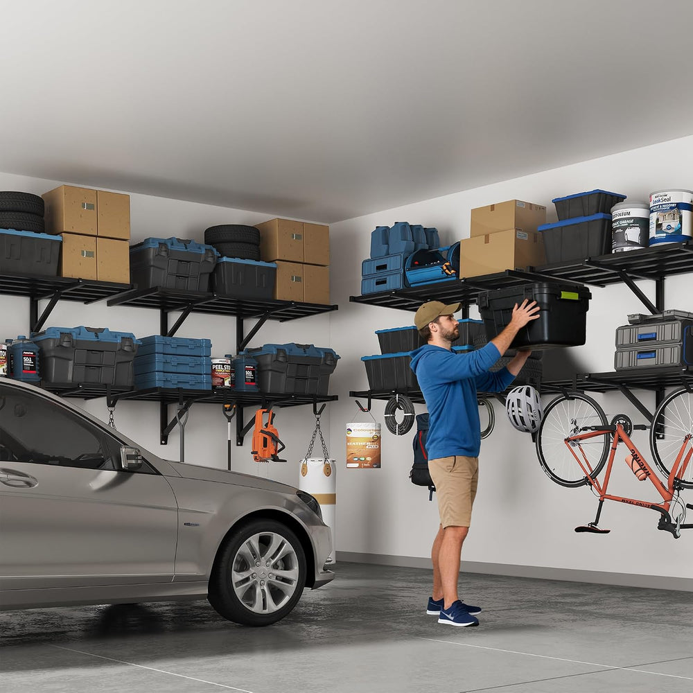 FLEXIMOUNTS 2-Pack 2x4ft Garage Wall Shelving, 8 Hooks, Heavy Duty, Black