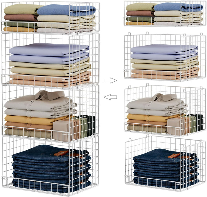 4 Tier Stackable Closet Organizers and Storage Shelves, Foldable Closet Shelf Organizer System, Stackable Storage Bins Drawers for Clothes Organizer System, White（Patent No. 30022416）