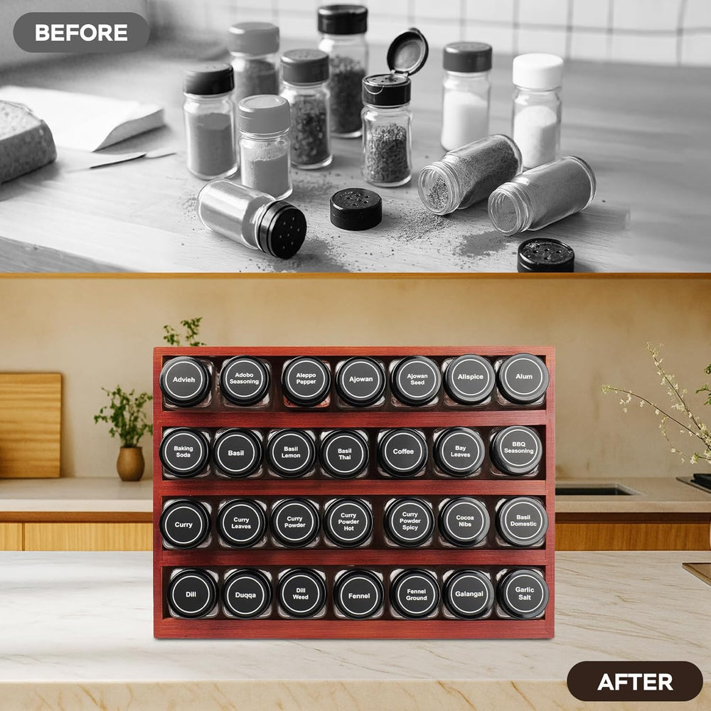 Bamboo Spice Rack Organizer with 28 Glass Spice Jars 4 oz Set Cherry Stain