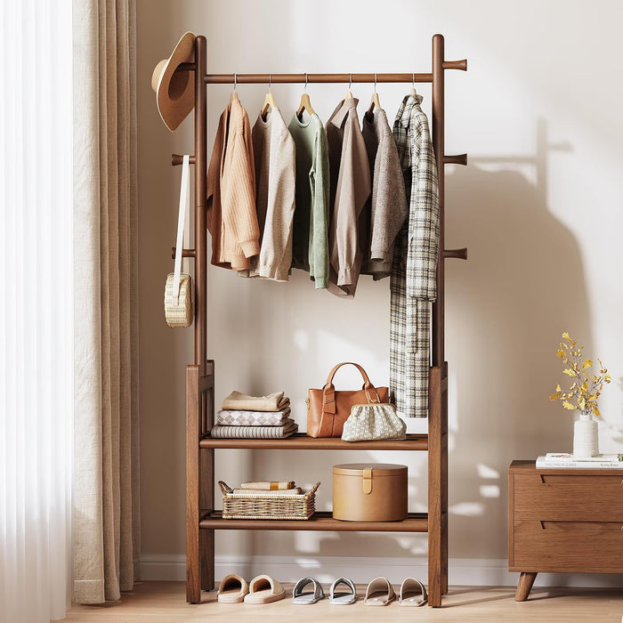 Solid Wood Clothing Rack with Shelves - Coat Rack Freestanding with 6 Hooks Load 450 Lbs, 3-in-1 Hall Tree for Hanging Clothes, Tall Garment Racks with Storage for Bedroom, Entryway, Living Room