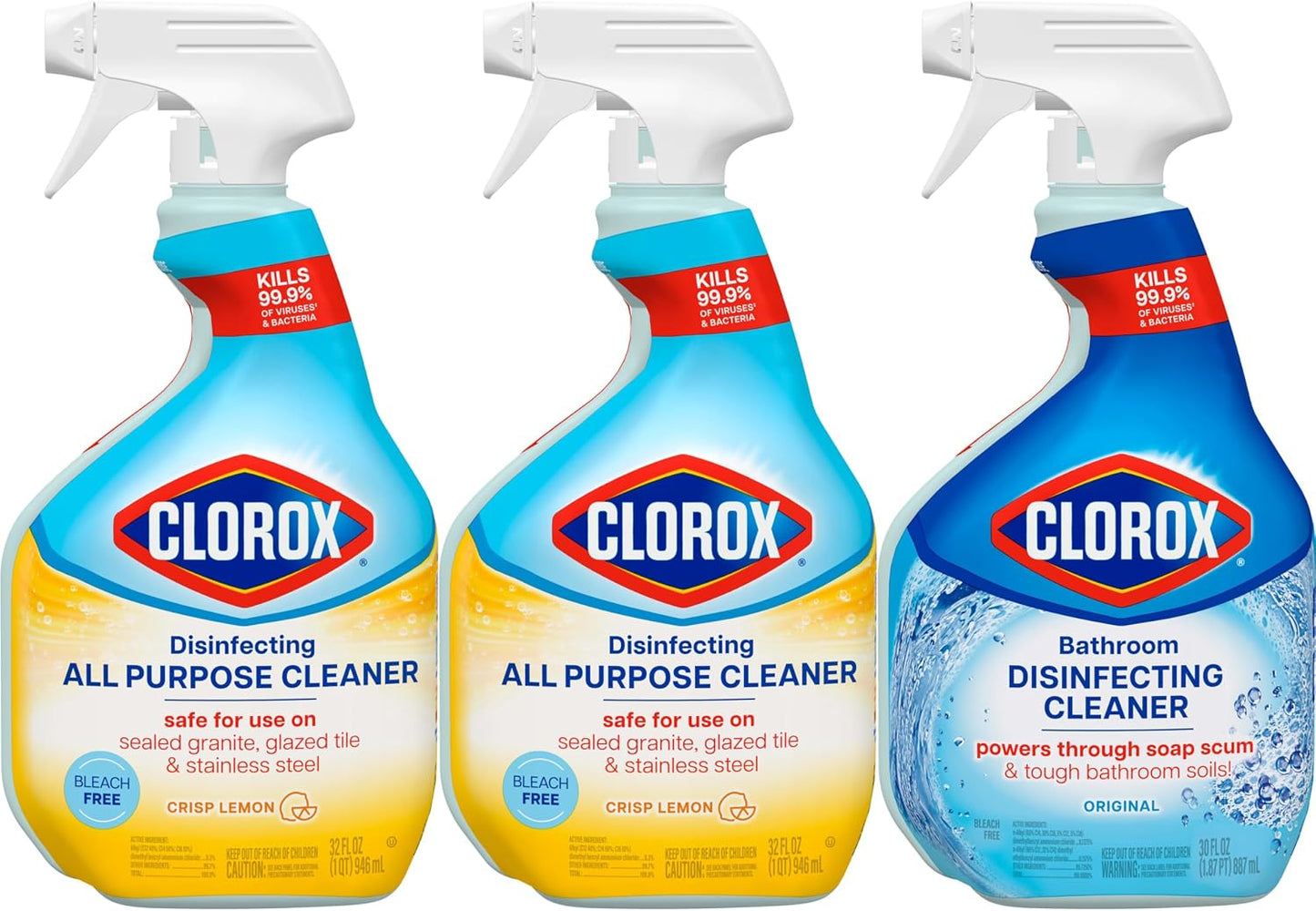 Clorox Disinfecting All-Purpose Cleaner, 32 fl. Oz., and Bathroom Cleaner, Bleach Free, Household Essentials, Cleans Dirt and Grime Off Most Surfaces and Countertops, 32 fl. oz.