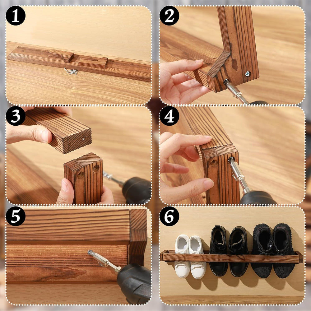 Wenqik 4 Pcs Wall Mounted Wooden Shoe Rack Wood Wall Hanging, Burnt Wood