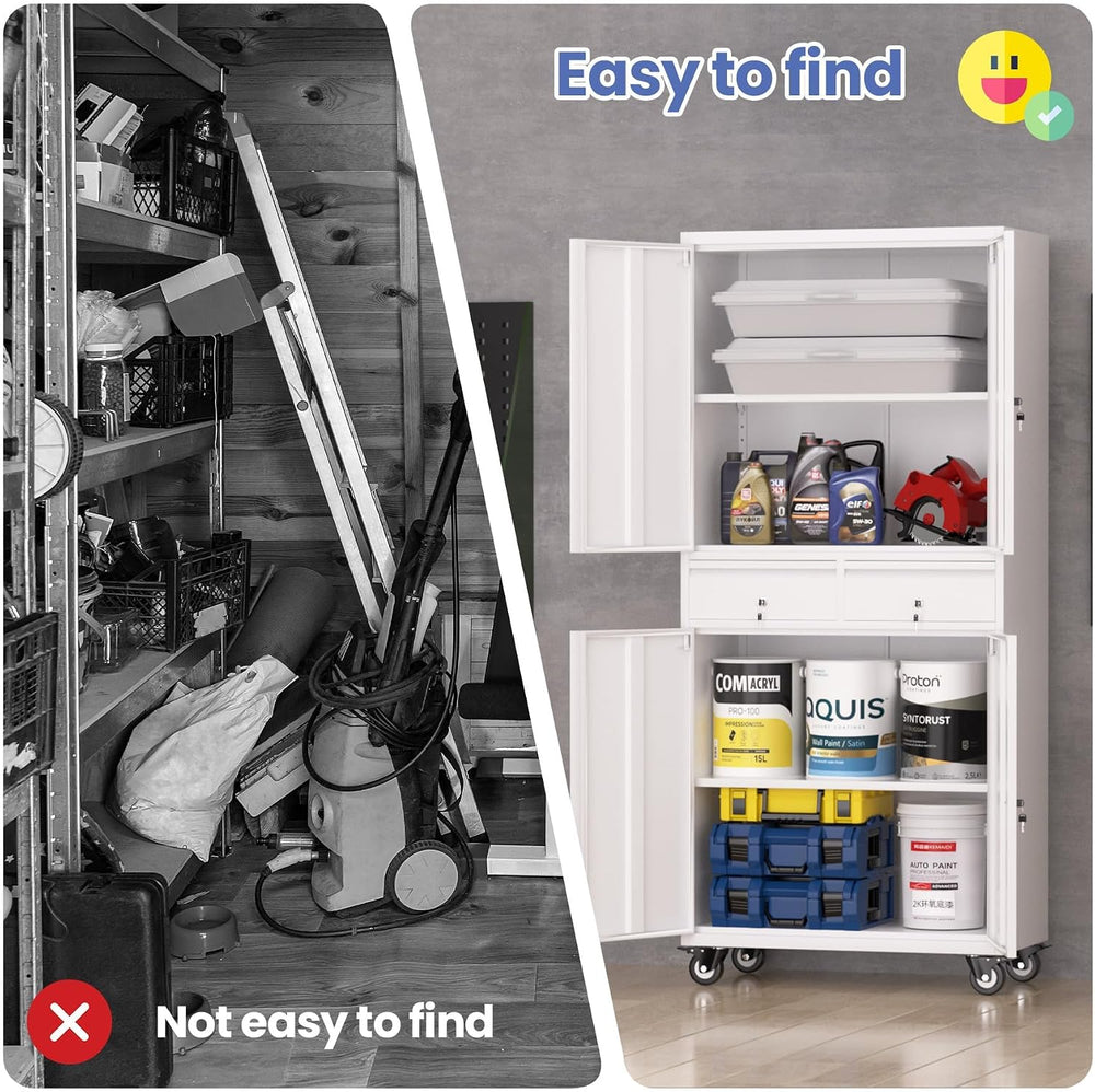 Metal Storage Cabinet with Wheels, 72” Rolling Garage Organizer with Locking ...