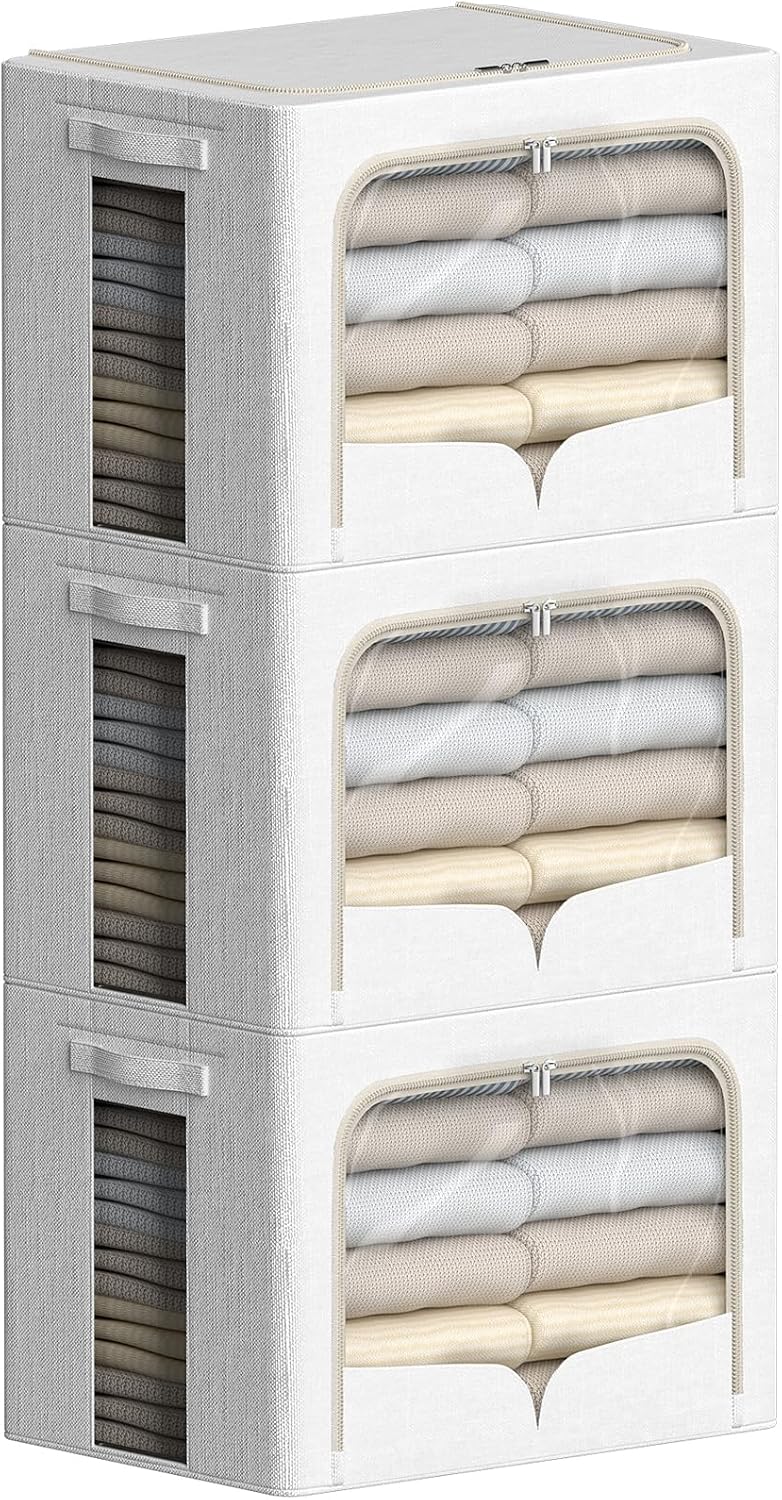 FHSQX 3 Pack Clothes Storage Bins Foldable Metal Frame Storage Box Stackable ...