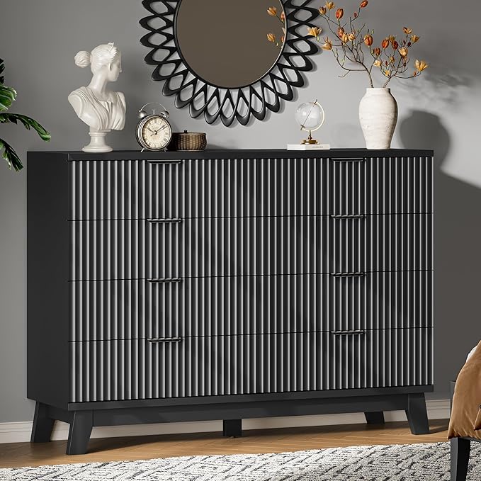 Fluted Dresser with 8 Drawers, Wooden Dresser TV Stand, Wood Closet Clothes by Xixini