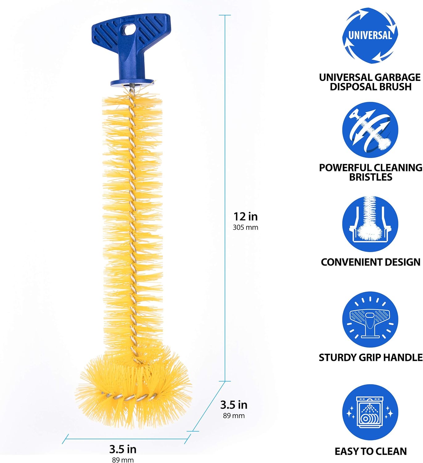 11" Universal Garbage Disposal Brush Sturdy Grip Handle Yellow
