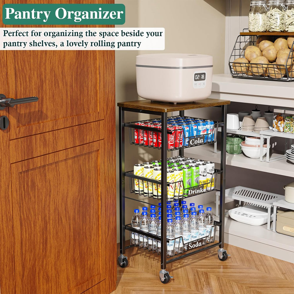 OKZEST 4-Tier Kitchen Storage Cart with 3 Upgraded Drawer Basket & Wood Top