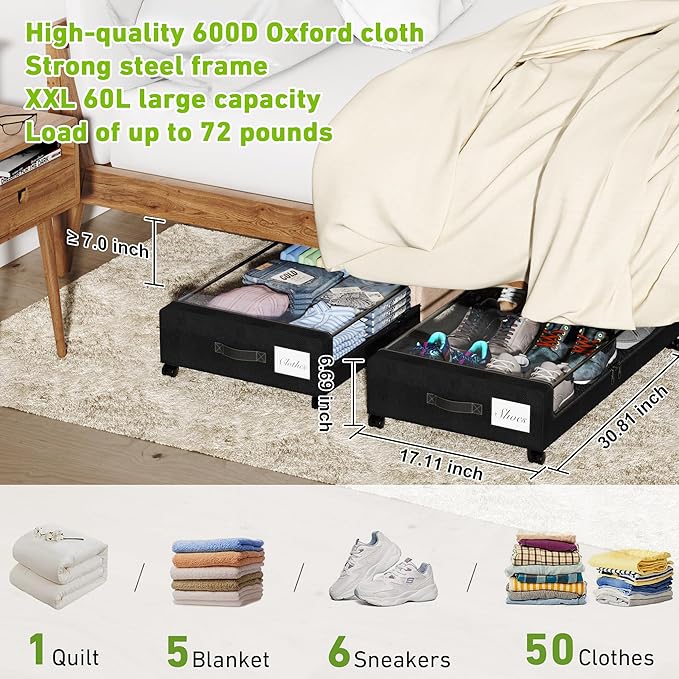 Under Bed Storage with Wheels, Underbed Storage Bins, XXL 60L Rolling Metal - Image 3