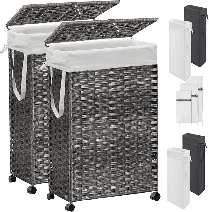 70L Slim Laundry Hamper with Lid & Wheels, 2-Park Rolling Laundry Basket with 4 by Hiagnete