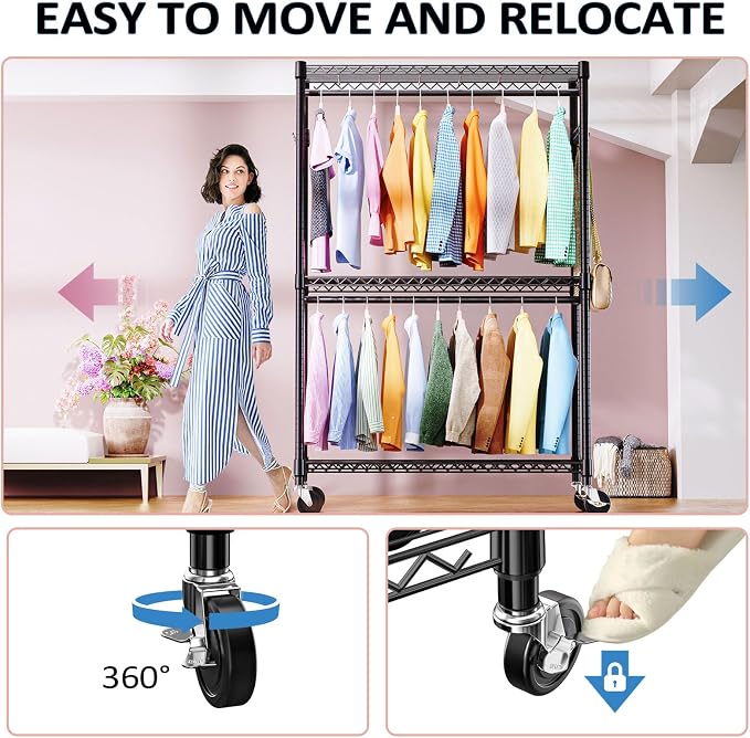IZEUK 3 Tier Heavy Duty Rolling Garment Rack Wire Clothes Rack - Image 5