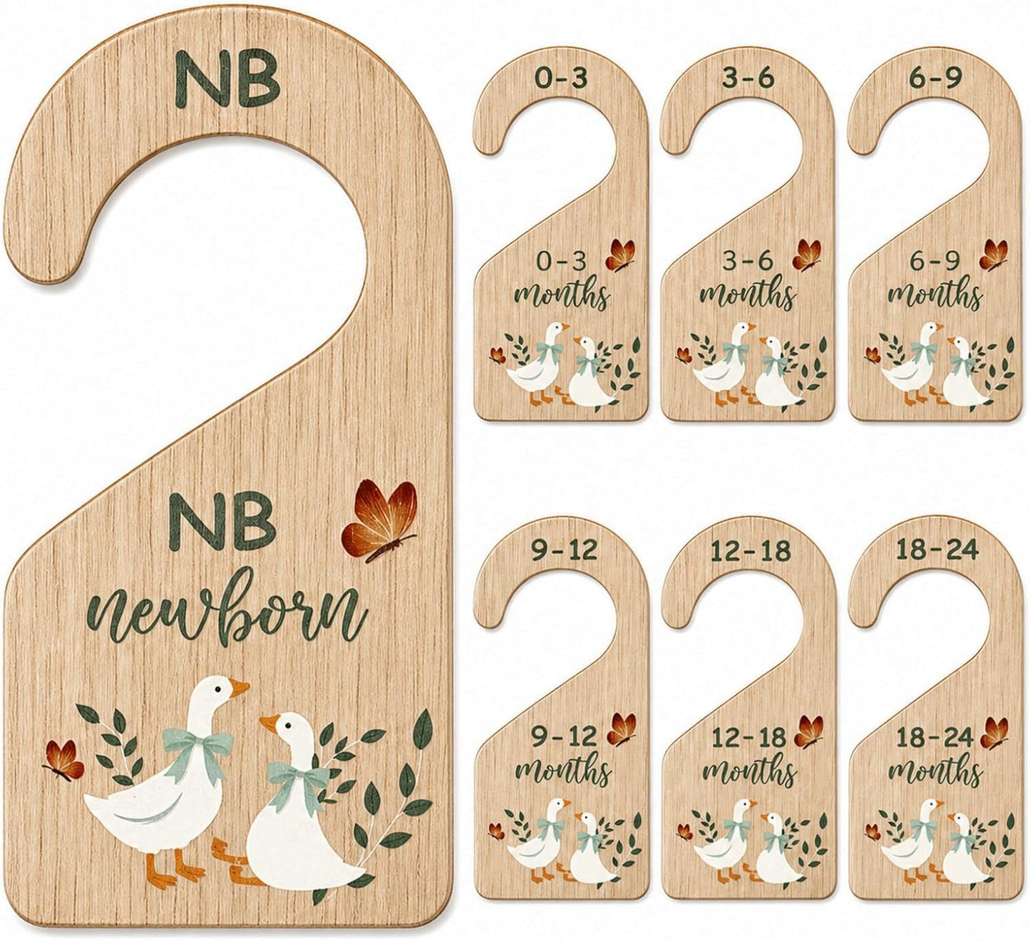 RattanView 7 Pcs Retro Goose Baby Closet Dividers for Clothes Organizer Double Sided Wooden Nursery Closet Dividers for Baby Boy Girl Newborn to 24 Months Home Nursery Supplies