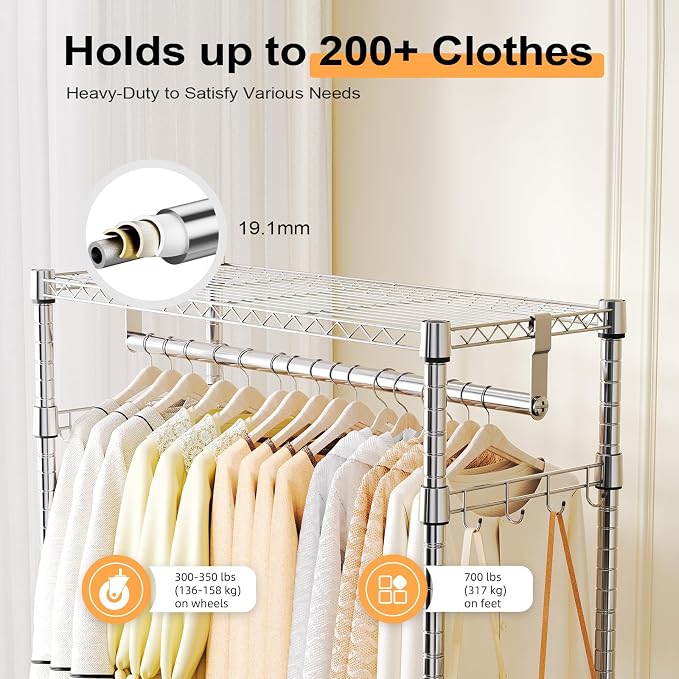 Heavy Duty Rolling Garment Rack 3 Tiers Adjustable Wire Shelving Clothes Rack - Image 6