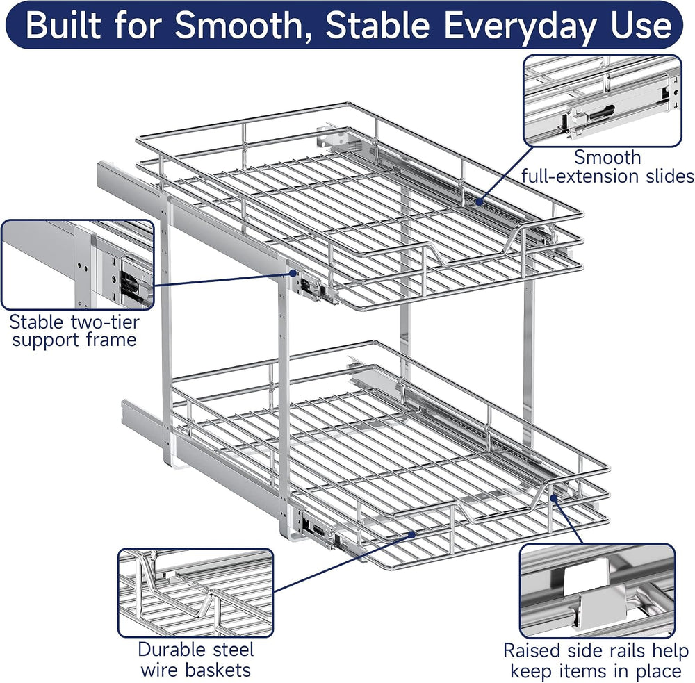 2-Tier Pull Out Cabinet Organizer, 13.5" W x 21.5" D, Heavy Duty Du...