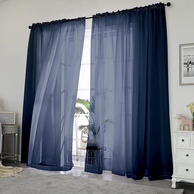 Chyhomenyc Navy Blue Sheer Curtains 84 Inches Long 2 Panels Set - Image 2