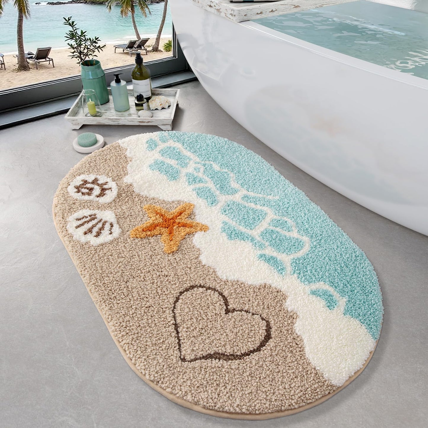 LUMI Soft and Absorbent Beach Bathroom Rug, Non-Slip Backing, Ideal for Bathroom, Kitchen and Entryway Decor, Sea Beach Starfish Shell Bath Decor, Blue, 22"x34"