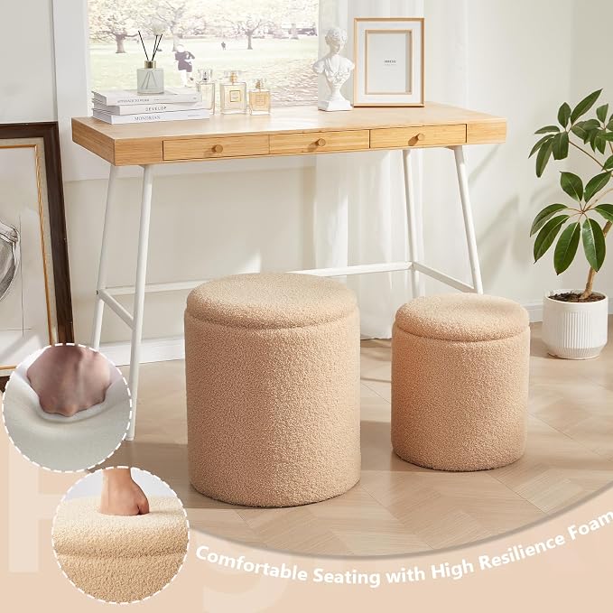 Boucle Round Ottoman with Storage Set of 2, Small Foot Stool Ottoman - Image 5