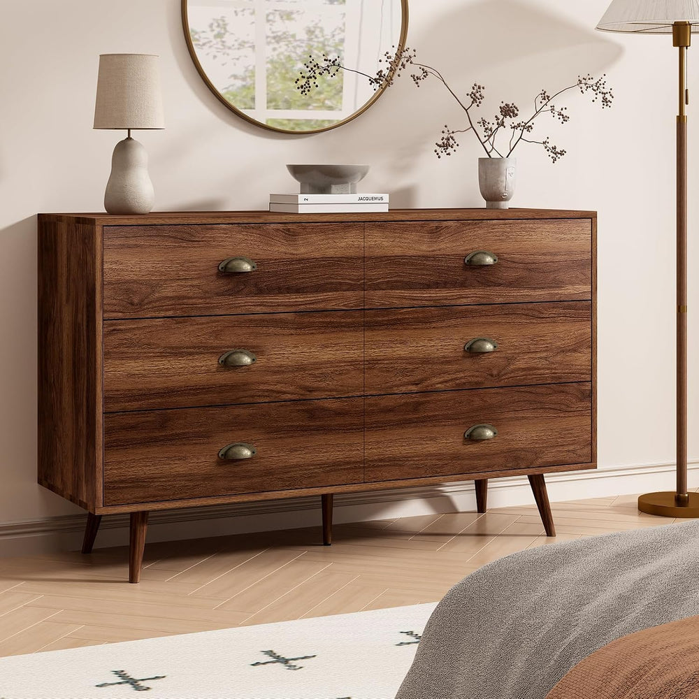 Walnut 6 Drawer Dresser for Bedroom, 47" Wood Dresser with Gold Handles.