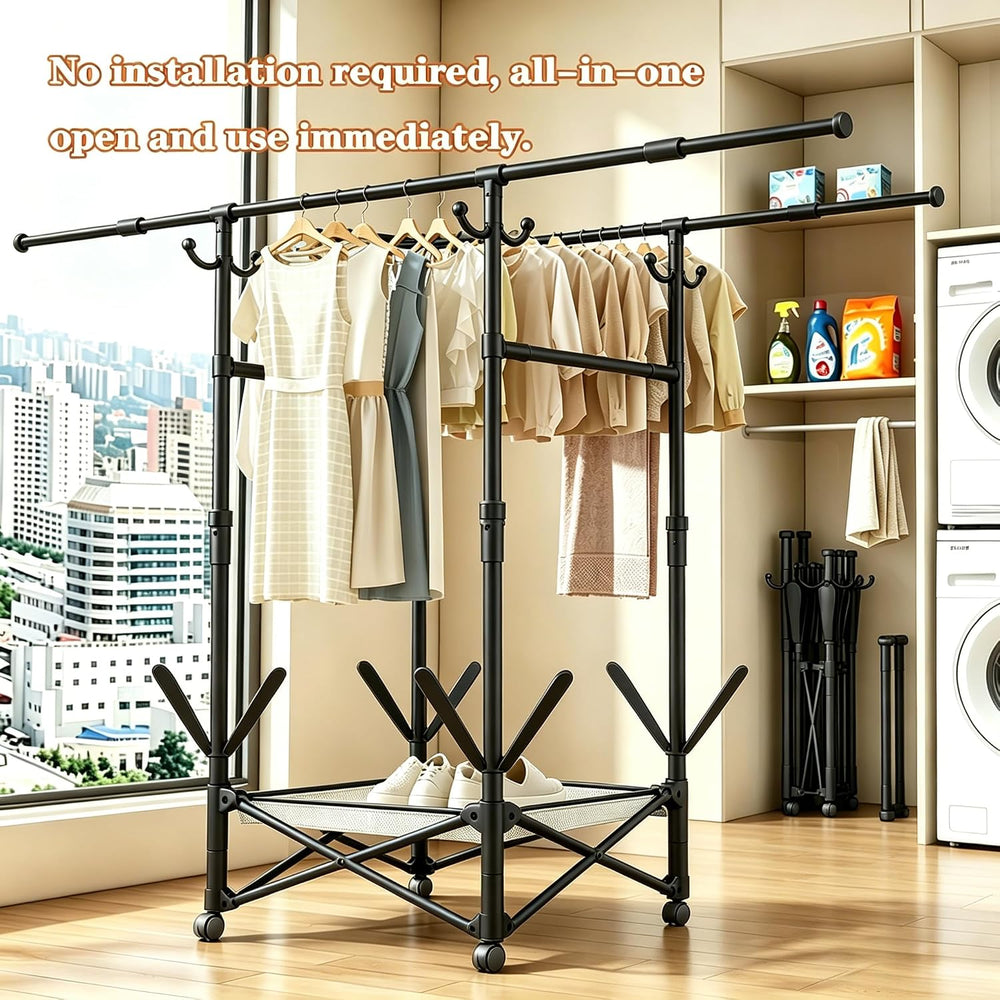 Foldable Collapsible Rolling Clothes Drying Rack,Adjustable Double Rods Laund...