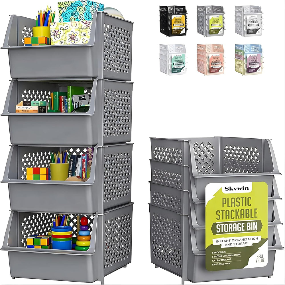 Skywin Stackable Storage Bins Open Front for Pantry Storage, 4 Pack - Grey
