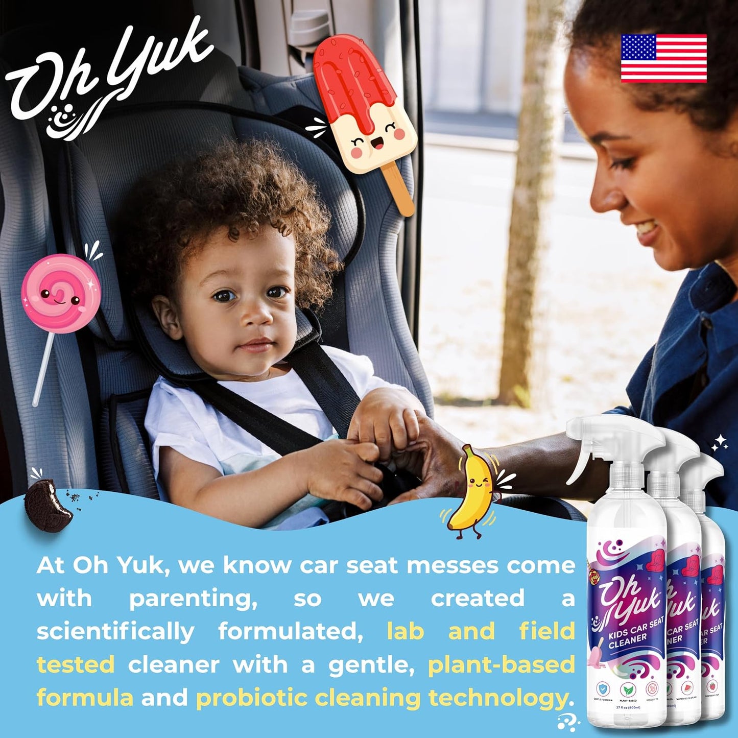 Oh Yuk Kids Car Seat Cleaner Spray, Probiotic Stain & Odor Remover for Kids Car Seats, Strollers & Fabric, Cleans Food, Milk & Juice Spills, Plant-Based Formula, 27 fl oz (Watermelon Splash)