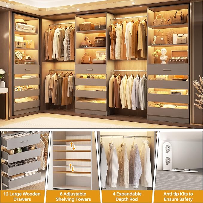 Aheaplus Closet System with 12 Drawers, 8.5-11.5Ft Wood Closet Organizer System - Image 4