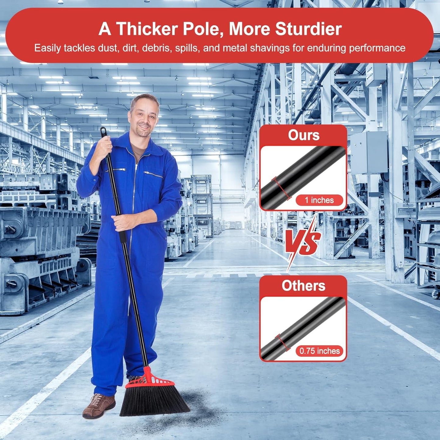 Tiumso Heavy Duty Angle Broom - 55" Adjustable Iron Handle with Stiff Bristles - Commercial-Grade Indoor/Outdoor Broom for Garage, Patio, Kitchen, Sidewalk & Concrete Cleaning (Black & Red)